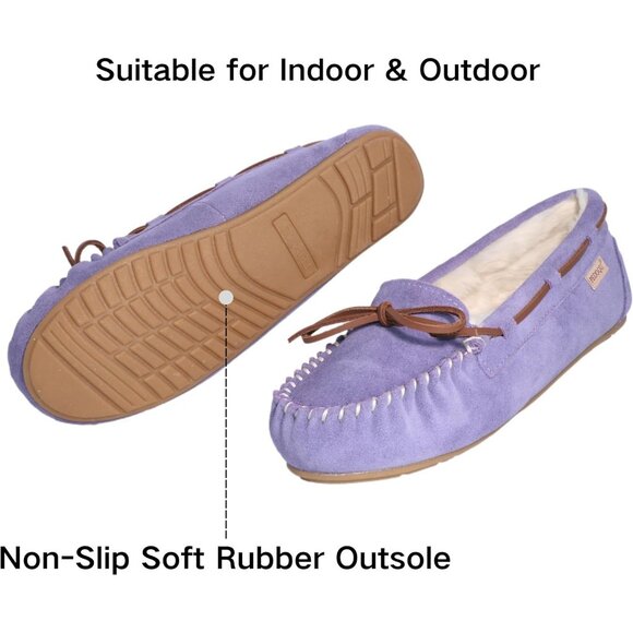 Women's Purple Leather Faux Fur Pile lined lace Up Cozy Bow Warm Slippers Boot - Picture 3 of 5